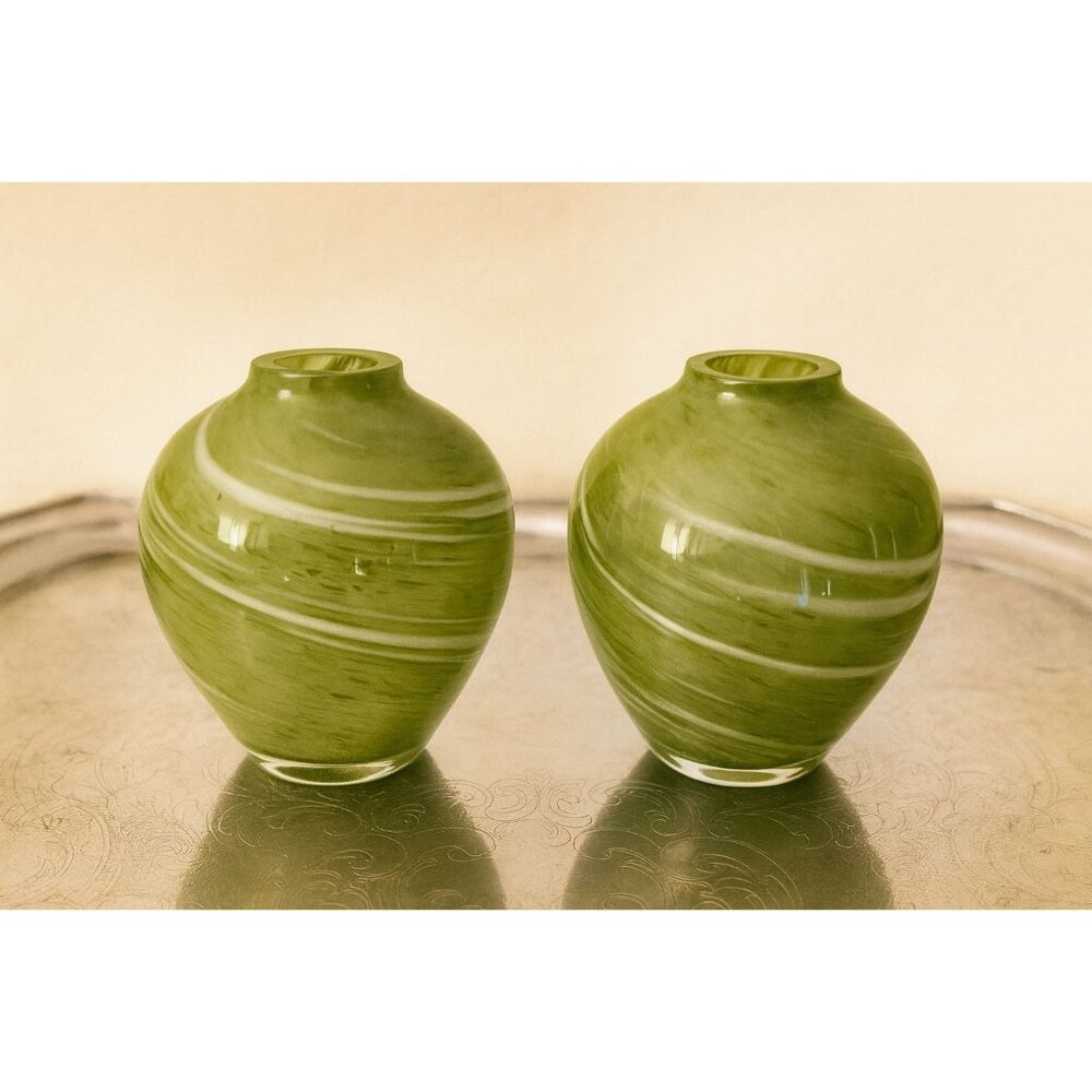 Vintage MCM Art Glass Vase Pair | Murano-Style Filigrana | Olive Green - Picture 1 of 7